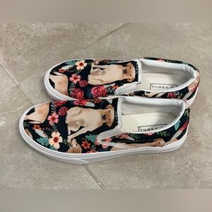 Three In Floral Yellow Dog Slip-On Canvas Sneakers - Black Background Size 9.5